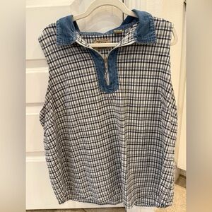 💙Vintage 90s 100% Cotton Plaid Sleeveless Top Denim Collar Zip Up granola girl